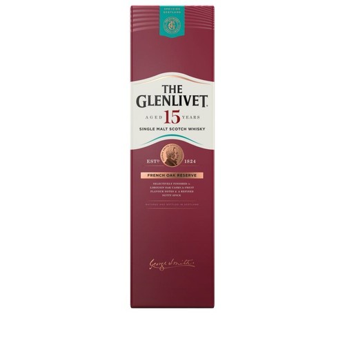 Ciemnoczerwone, prostokątne opakowanie whisky The Glenlivet 15 Years Single Malt Scotch Whisky, French Oak Reserve. Na froncie białe logo, napis "Aged 15 Years" i "French Oak Reserve". Założona w 1824 roku.
