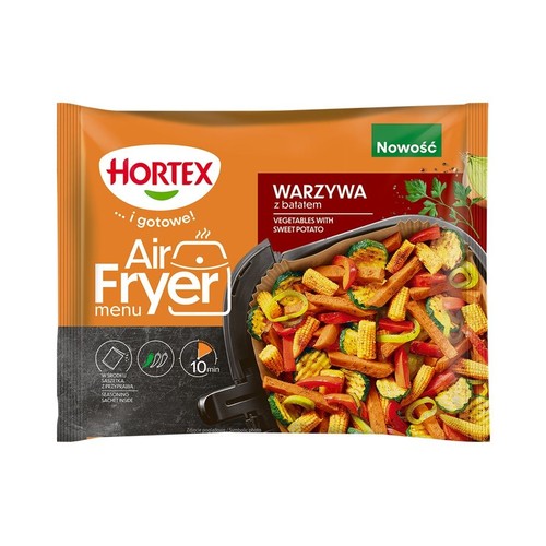 Produkt Hortex Warzywa z batatem do Air Fryer. Na opakowaniu grafika gotowych warzyw. Gotowe w 10 minut.