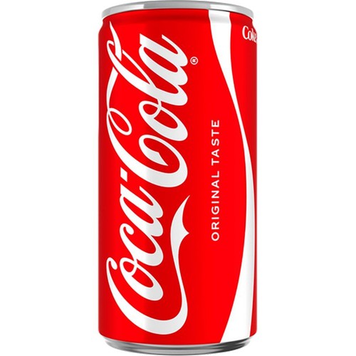 Puszka Coca-Cola w klasycznym czerwonym kolorze z charakterystycznym białym napisem. Widoczny napis "Oryginalny Smak".