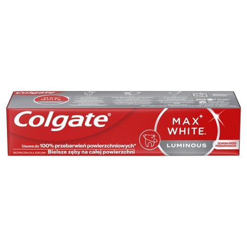 Opakowanie pasty Colgate Max White Luminous. Usuwa do 100% przebarwień powierzchniowych, bezpieczna dla szkliwa.