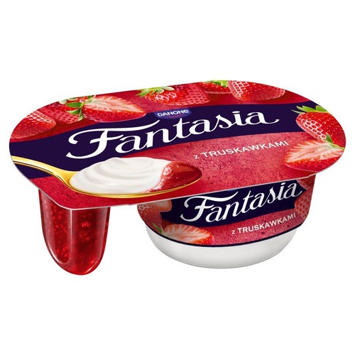 Deser mleczny Danone Fantasia z truskawkami w dwukomorowym opakowaniu. Na wieczku grafika truskawek i łyżki z kremem.