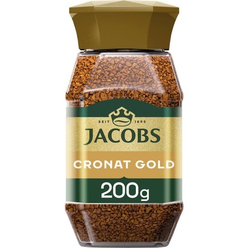 Kawa Jacobs Cronat Gold w szklanym słoiku 200g. Złota etykieta z napisem Jacobs i zielonym paskiem.