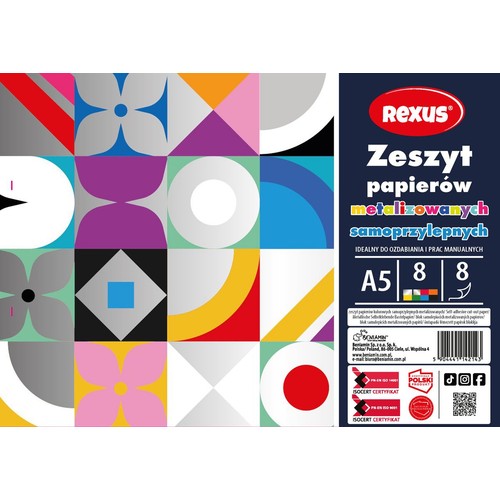 Zeszyt Rexus A5 z 16 arkuszami papierów: 8 metalizowanych i 8 samoprzylepnych. Opakowanie ma kolorowy, geometryczny wzór po lewej i ciemnoniebieskie tło z informacjami o produkcie po prawej. Idealny do prac manualnych.