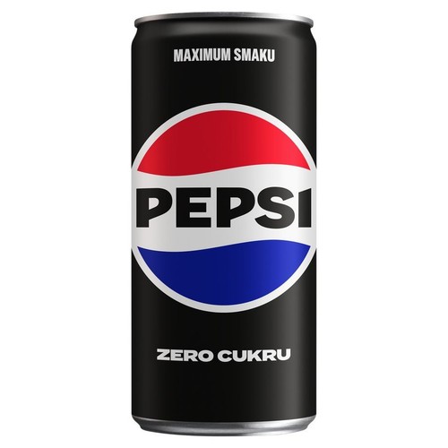 Puszka napoju Pepsi Zero Cukru w kolorze czarnym. Na środku biały napis "PEPSI" na tle czerwono-niebieskiego koła.
