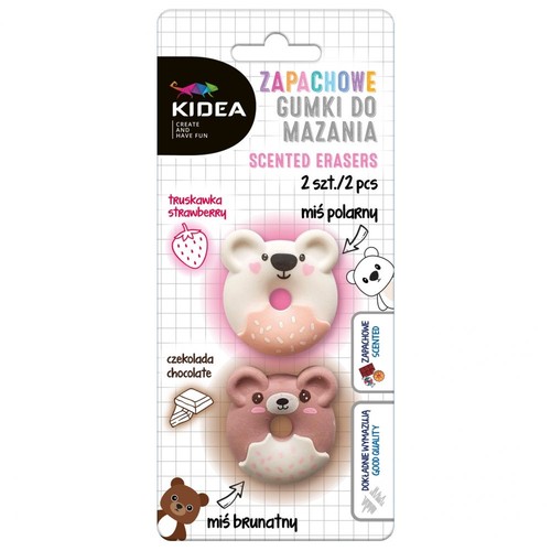 Opakowanie dwóch zapachowych gumek do mazania Kidea. Górna gumka to biały miś polarny o zapachu truskawkowym, w kształcie pączka. Dolna to różowy miś brunatny o zapachu czekoladowym, również w kształcie pączka.