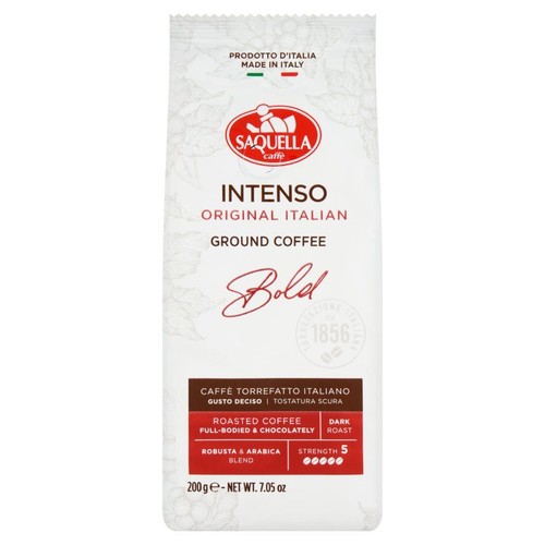 Kawa mielona Saquella Intenso, 200g. Produkt z Włoch, moc 5. Pełna smaku, czekoladowa, ciemno palona. Mieszanka Robusty i Arabiki.