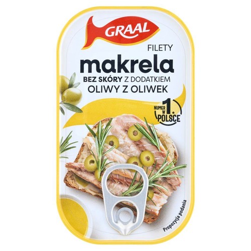 Opakowanie filetów makreli Graal w oliwie. Na etykiecie grafika kanapki z makrelą, oliwkami i rozmarynem.