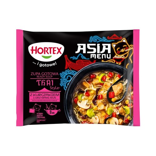 Opakowanie zupy Hortex Asia Menu Thai z kurczakiem i grzybami Mun. Gotowa w 8 minut.