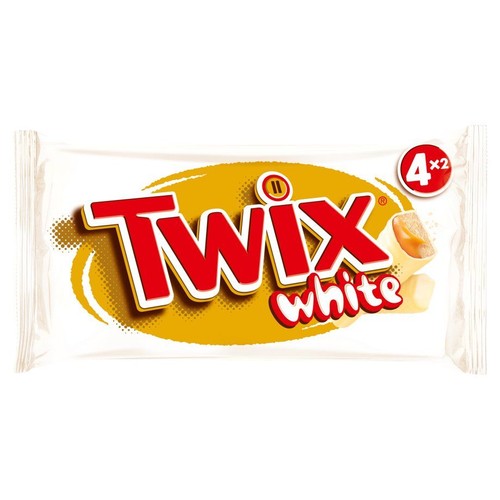 Opakowanie Twix White z 4x2 batonikami. Biała folia, na niej czerwone logo Twix i biały napis "white". Widoczny przekrój batonika z białej czekolady i karmelu.