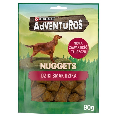Saszetka Purina Adventuros Nuggets 90g. Z przodu pies, napis "Dziki smak dzika" i przezroczyste okienko z przysmakami.