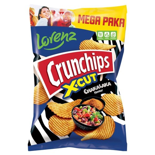 Chipsy Lorenz Crunchips X-CUT, smak Chakalaka. Opakowanie z falistymi chipsami, miseczką sałatki i proszkiem przyprawowym.
