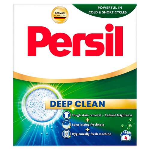 Opakowanie proszku Persil Deep Clean. Usuwa trudne plamy, zapewnia promienistą biel i higienicznie świeżą pralkę.