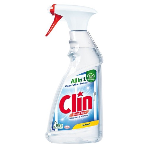 Przezroczysta butelka sprayu Clin do mycia okien i luster, z czerwoną dyszą. Zapach cytrynowy, formuła z bio alkoholem.