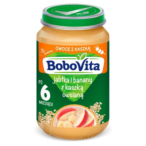 BoboVita, owoce z kaszką, jabłka i banany z kaszką owsianą. Produkt dla dzieci po 6. miesiącu życia.