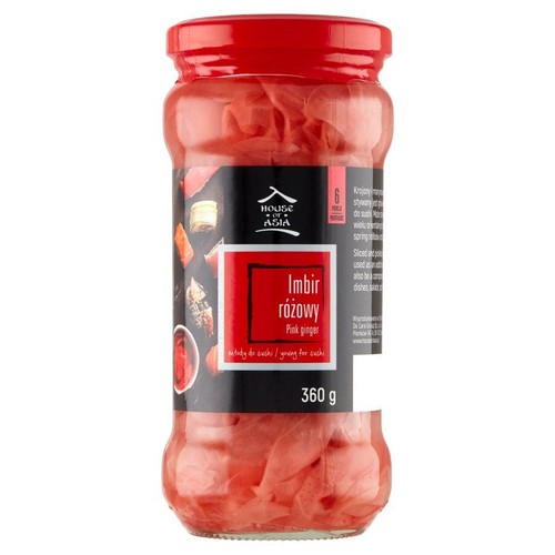 Produkt House of Asia: imbir różowy, 360 g, w przezroczystym szklanym słoiku z czerwoną zakrętką. Na czarnej etykiecie widnieje nazwa "Imbir różowy" oraz informacja, że jest to młody imbir do sushi.