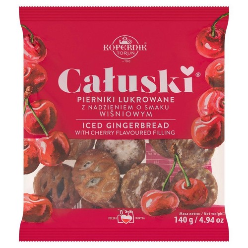 Całuski Pierniki lukrowane z nadzieniem o smaku wiśniowym   Kopernik 140 g