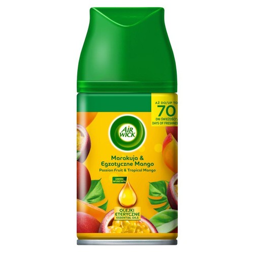 Air Wick automatyczny odświeżacz powietrza w zielono-żółtym opakowaniu. Zapach Marakuja i Egzotyczne Mango z olejkami eterycznymi. Etykieta przedstawia owoce marakui i mango. Zapewnia do 70 dni świeżości.