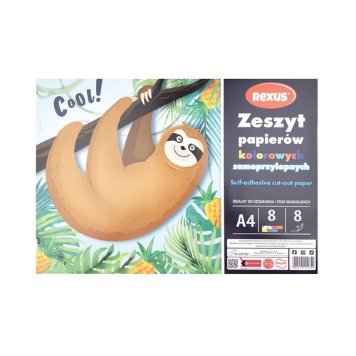Produkt Rexus: zeszyt papierów kolorowych samoprzylepnych, format A4. Zawiera 8 arkuszy w 8 barwach, idealny do prac manualnych. Okładka z ilustracją leniwca na gałęzi, w otoczeniu tropikalnej roślinności i ananasów.