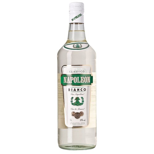 Butelka Napoleon Bianco Classico, 1 litr, 14% obj. alkoholu. Biała etykieta z zielonym tłem i napisem "NAPOLEON", pod spodem "BIANCO" oraz hasło "Vive la France!".