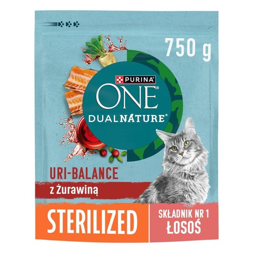 Opakowanie karmy Purina ONE DualNature Sterilized dla kotów, 750 g. Z łososiem i żurawiną, wspiera URI-Balance.