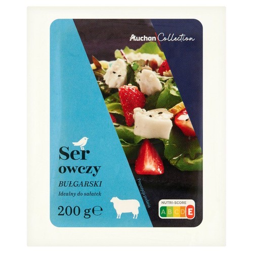 Ser owczy bułgarski Auchan Collection, 200 g, idealny do sałatek. Na opakowaniu grafika sałatki.