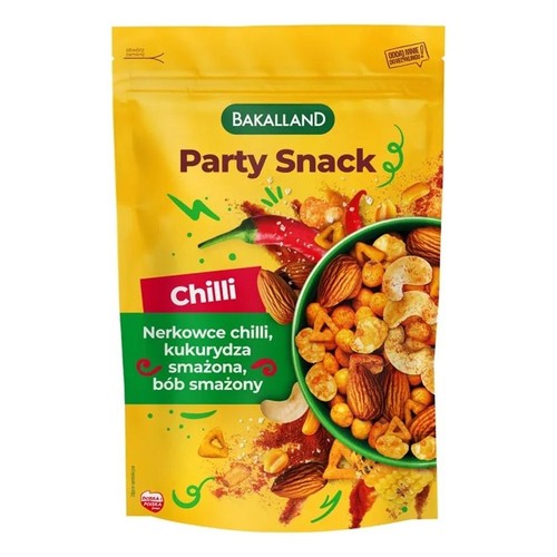 Bakalland Party Snack Chilli w żółtej torebce. Mieszanka orzechów nerkowca, kukurydzy i bobu.