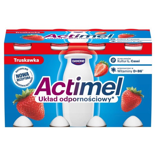 Actimel Truskawka, opakowanie 6 butelek. Wspiera układ odpornościowy, zawiera kultury L. Casei oraz witaminy D+B6.