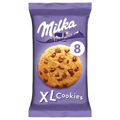 Opakowanie ciastek Milka XL, fioletowe, z logo Milka, krową i grafiką ciastka z czekoladą. Liczba 8 widoczna.