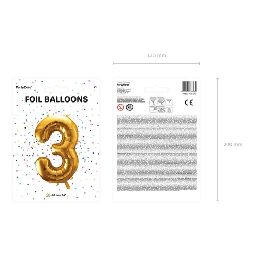 Balon foliowy Cyfra '3' 86cm złoty (1 op. / 1 szt.) PartyDeco 1 sztuka