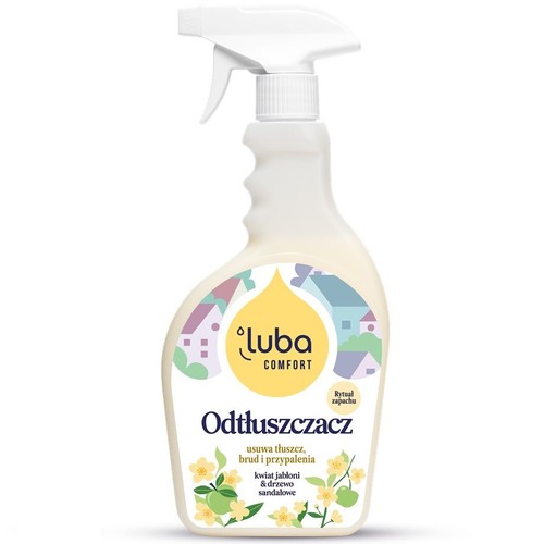 Luba Comfort Odtłuszczacz w białej butelce ze spryskiwaczem. Usuwa tłuszcz, brud i przypalenia. Zapach kwiatu jabłoni i drzewa sandałowego.