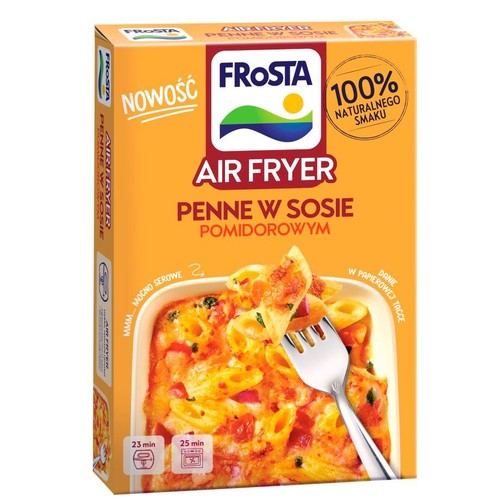 Opakowanie Frosta Air Fryer Penne w sosie pomidorowym. Nowość, 100% naturalnego smaku. Grafika dania z widelcem.