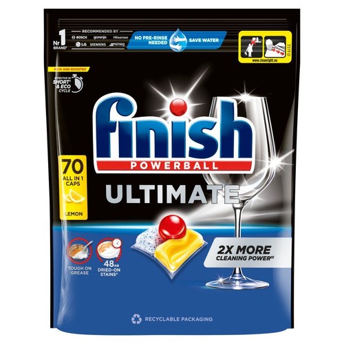 Finish Powerball Ultimate, 70 kapsułek do zmywarki o zapachu cytrynowym. Dwa razy większa moc czyszczenia.