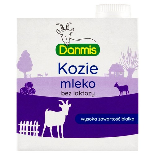 Danmis Kozie mleko bez laktozy w kartonie. Na opakowaniu grafiki kóz i wiejskiego krajobrazu. Wysoka zawartość białka.