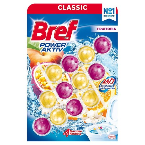 Bref WC Power Aktiv Fruitopia, odświeżacz do toalety w formie 12 kulek. Opakowanie z grafiką brzoskwiń, marakui i pomarańczy, symbolizujących świeżość. Produkt zapewnia 24/7 świeżość i ochronę przed brudem.
