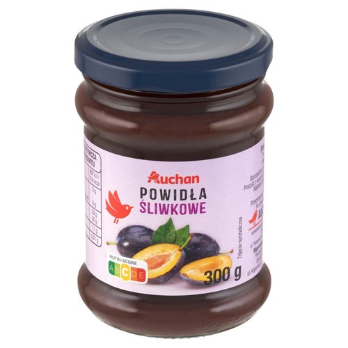 Słoik powideł śliwkowych Auchan, 300 g. Na etykiecie grafika śliwek i logo marki.