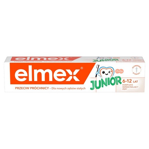 Opakowanie pasty do zębów elmex Junior 6-12 lat. Przeciw próchnicy, dla nowych zębów stałych. Rekomendowana przez dentystów.