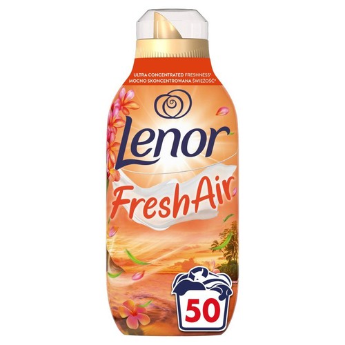 Butelka Lenor Fresh Air, mocno skoncentrowany płyn do płukania. Etykieta z tropikalnym motywem i liczbą 50 prań.