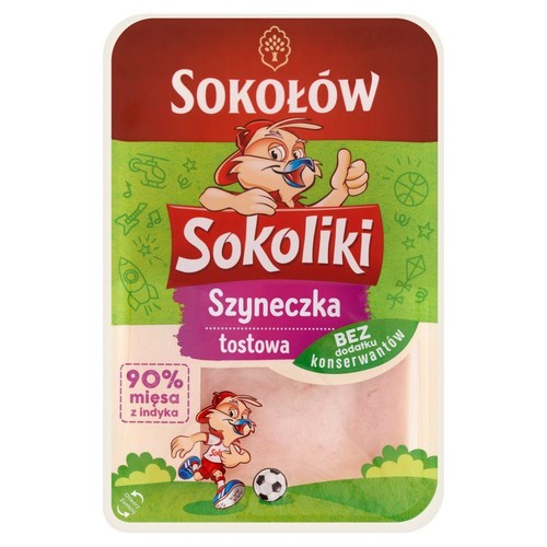 Opakowanie szynki tostowej Sokołów Sokoliki. Zawiera 90% mięsa z indyka, bez dodatku konserwantów.