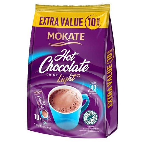 Opakowanie Mokate Hot Chocolate Drink Light, 10 saszetek. Z certyfikatem Rainforest Alliance.