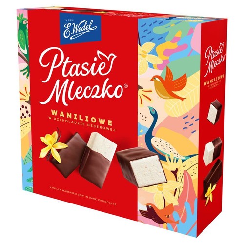 Ptasie Mleczko E. Wedel waniliowe w czekoladzie deserowej, w czerwonym pudełku z napisem "Ptasie Mleczko". Na opakowaniu kolorowe ilustracje ptaków i kwiatów. Przedstawiono trzy pianki waniliowe, częściowo pokryte ciemną czekoladą