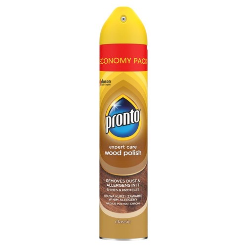 Żółto-złoty aerozol Pronto Expert Care Wood Polish Classic. Produkt do pielęgnacji drewna, który usuwa kurz i zawarte w nim alergeny, jednocześnie nabłyszczając i chroniąc powierzchnię. Opakowanie ekonomiczne.