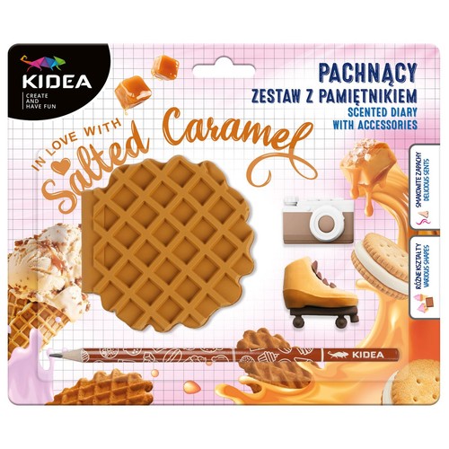 Kidea Pachnący Zestaw z Pamiętnikiem "Słony Karmel". Zawiera pamiętnik w kształcie wafla, długopis i akcesoria. Smakowite zapachy.