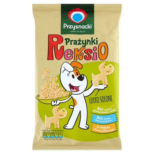 Opakowanie Przysnacki Prażynki NeksiO. Lekko solone, psie chrupki. Bez dodatku glutaminianu sodu i barwników.