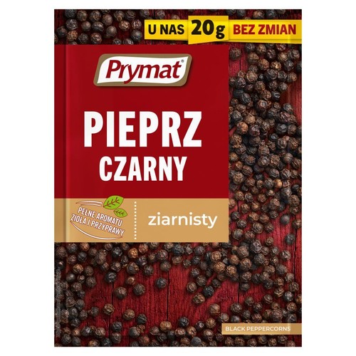 Opakowanie Prymat Pieprz Czarny Ziarnisty, 20g. Czerwone tło z białym napisem i obrazem rozsypanych ziaren pieprzu.