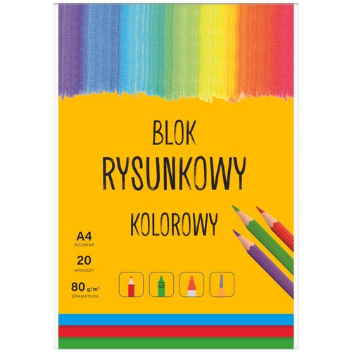 Blok rysunkowy kolorowy w formacie A4, zawierający 20 arkuszy o gramaturze 80 g/m². Okładka jest żółta, z barwnym, tęczowym wzorem u góry i trzema kredkami w prawym dolnym rogu.