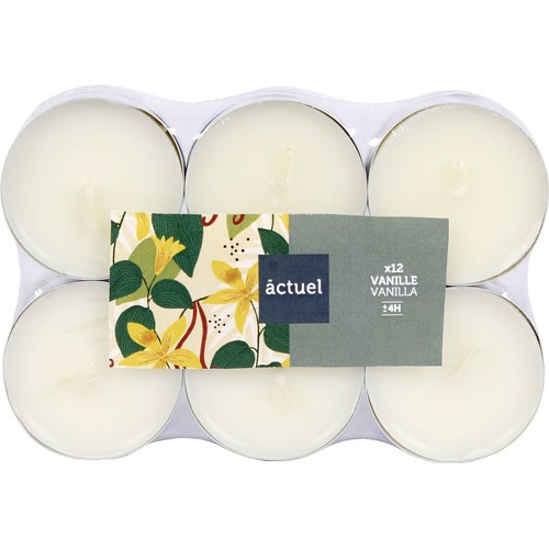 Opakowanie 12 białych świeczek typu tealight o zapachu waniliowym. Każda świeczka pali się około 4 godziny.
