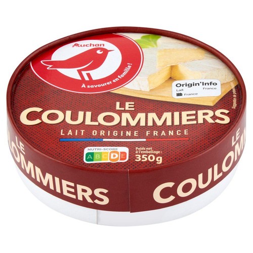 Ser Coulommiers Auchan w okrągłym, czerwono-białym opakowaniu, waga 350g. Mleko pochodzenia francuskiego.