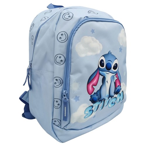 Plecak dziecięcy w kolorze błękitnym z dużym wizerunkiem Stitcha i napisem "STITCH".