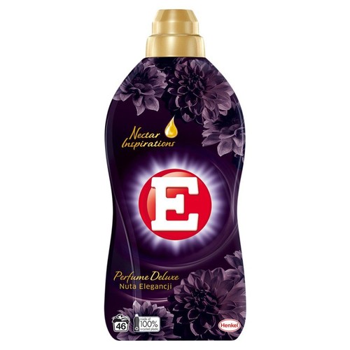 Ciemnofioletowa butelka płynu do płukania E Nectar Inspirations Perfume Deluxe, Nuta Elegancji. Złota nakrętka, grafika kwiatów.