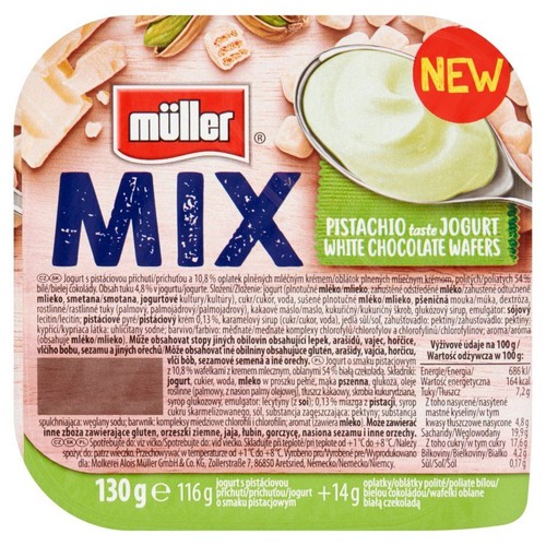 Opakowanie jogurtu Müller MIX o smaku pistacjowym. Zawiera wafelki oblane białą czekoladą. Waga 130g.